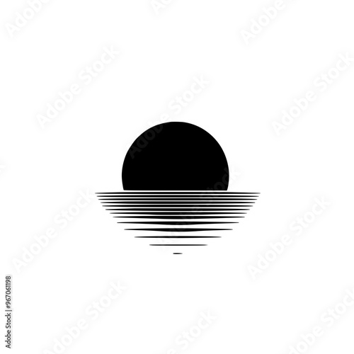Minimalist sunset with horizon lines illustration, A simple black-and-white minimalist illustration of a sunset with horizontal lines representing the horizon, evoking calm and serenity.
