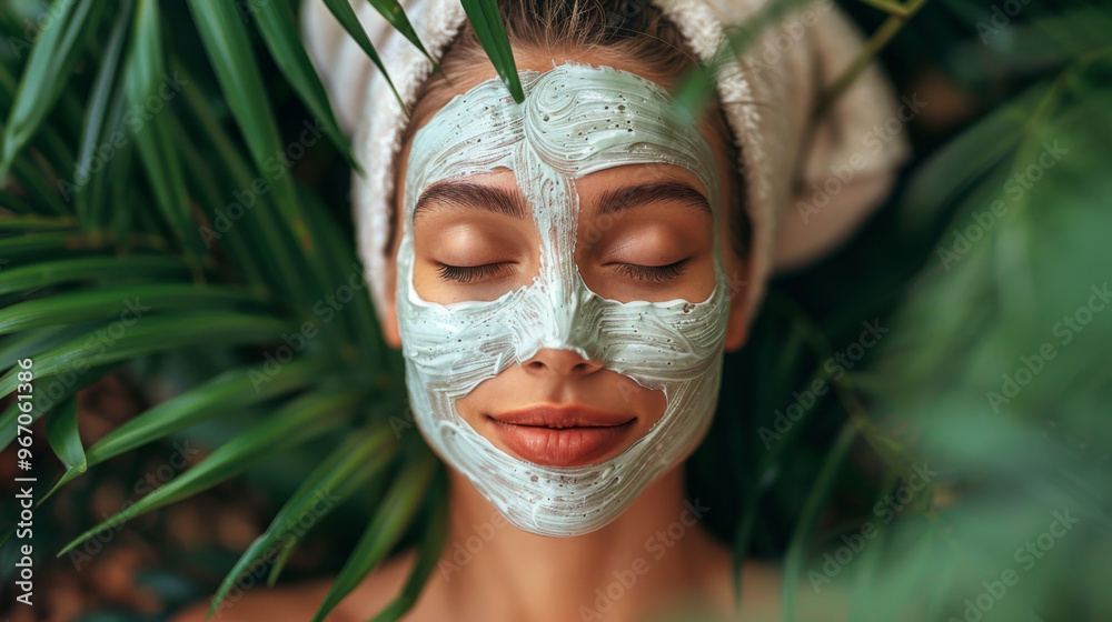 Young woman enjoying face mask treatment surrounded by greenery Young woman enjoying face mask treatment surrounded by greenery