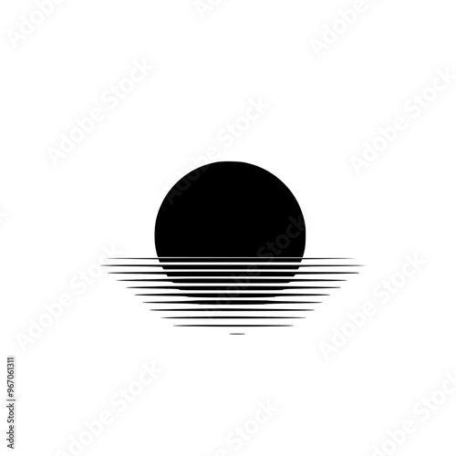 Minimalist sunset with horizon lines illustration, A simple black-and-white minimalist illustration of a sunset with horizontal lines representing the horizon, evoking calm and serenity.
