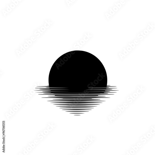 Minimalist sunset with horizon lines illustration, A simple black-and-white minimalist illustration of a sunset with horizontal lines representing the horizon, evoking calm and serenity.
