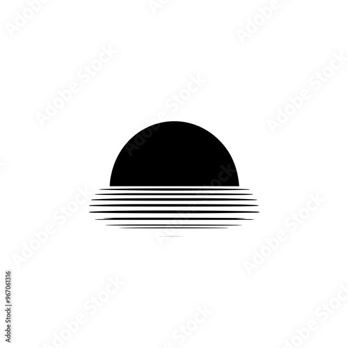 Minimalist sunset with horizon lines illustration, A simple black-and-white minimalist illustration of a sunset with horizontal lines representing the horizon, evoking calm and serenity.
