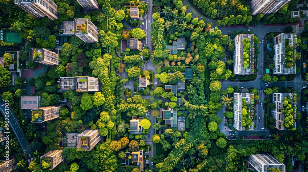 Aerial view of green sustainable neighborhood with lush trees and modern buildings Aerial view of green sustainable neighborhood with lush trees and modern buildings