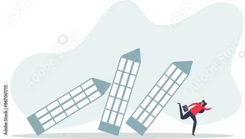 Real estate or property debt crisis causing domino effect, housing and stock market or investment asset fall down concept.flat design with people.