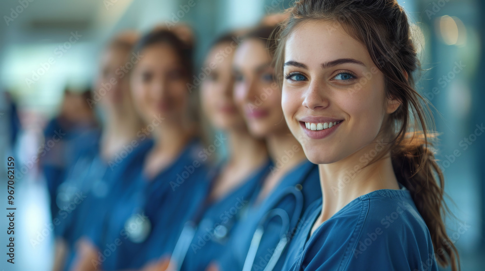 Candid shot of group of student nurses smiling together in hallway Candid shot of group of student nurses smiling together in hallway