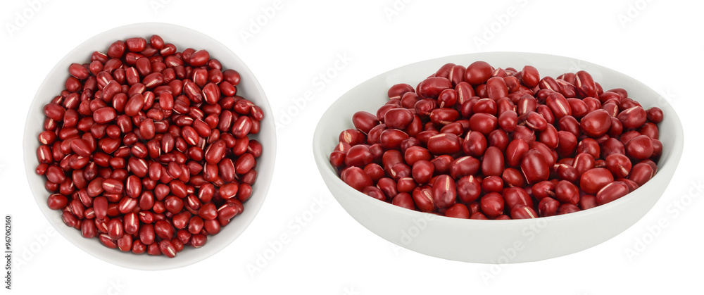 Red adzuki beans in ceramic bowl isolated on white background. Top view. Flat lay. Red adzuki beans in ceramic bowl isolated on white background. Top view. Flat lay.