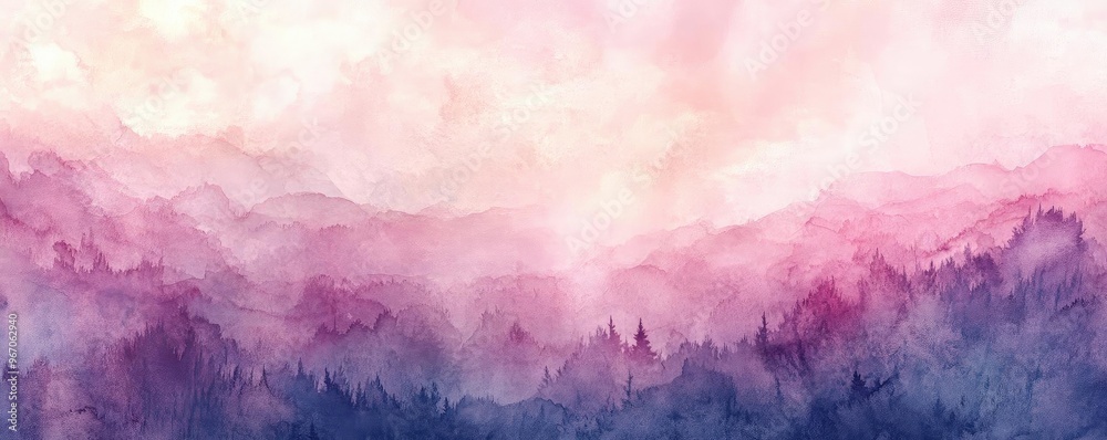 Fototapeta premium A stunning abstract watercolor landscape showcasing soft hues of pink and purple over misty mountains, evoking calmness and beauty.