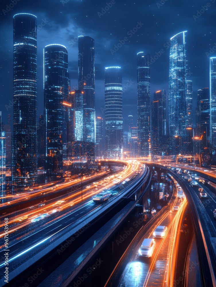 Fototapeta premium A smart city features autonomous vehicles, AI-controlled infrastructure, and digital interfaces seamlessly integrated into daily life