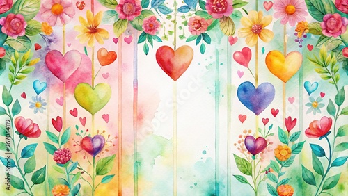 Fototapeta Naklejka Na Ścianę i Meble -  watercolor vertical background with hearts and flowers