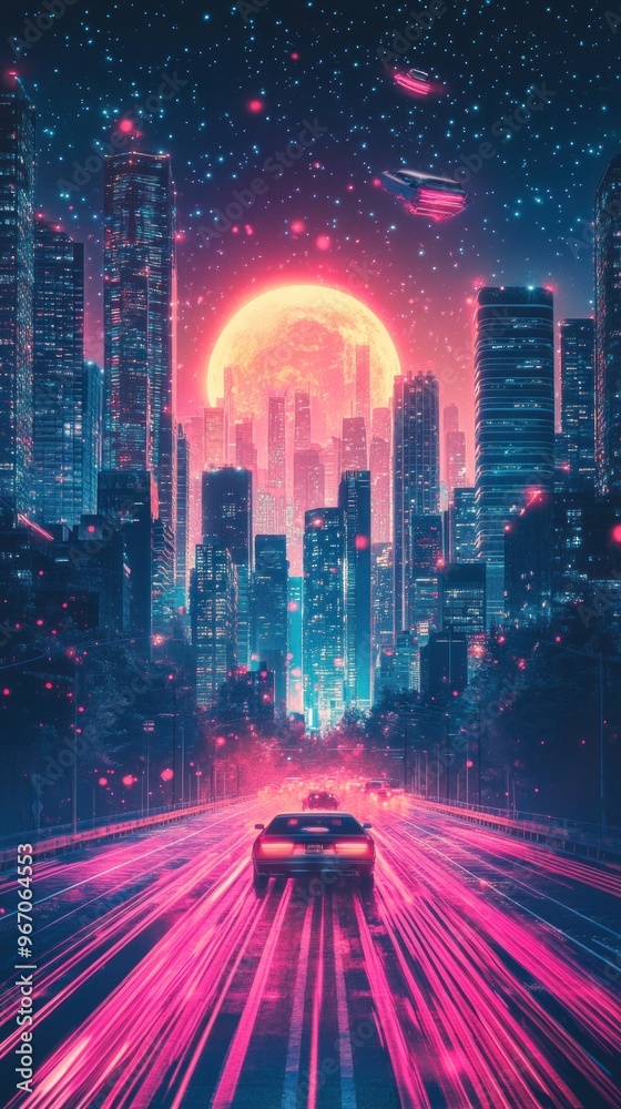 A Car Driving Through a Neon-Lit Cityscape Under a Giant Pink Moon A Car Driving Through a Neon-Lit Cityscape Under a Giant Pink Moon