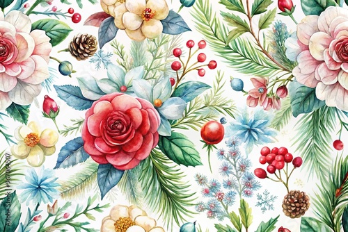 Wallpaper Mural Watercolor winter flowers seamless and tileable close-up Torontodigital.ca