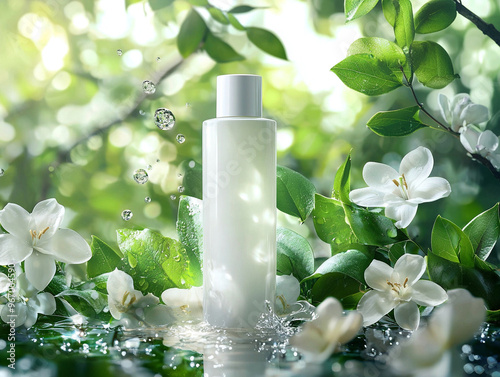 bottle of perfume with flowers, Sample of shampoo bottles in the middle of nature