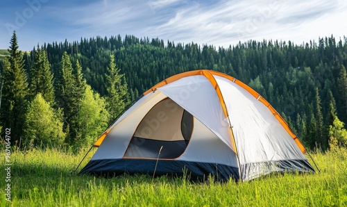 Serene Outdoor Adventure: White Camping Tent on Lush Green Meadow under Blue Sky. Spring Nature Escape for Tourism Marketing, Cultural Campaigns, and Seasonal Promotions. High-Resolution 4K Wallpaper 