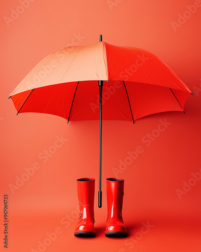 A red open umbrella and red rain boots on a red background. Advertising design poster. Minimal autumn concept. Product photo photo