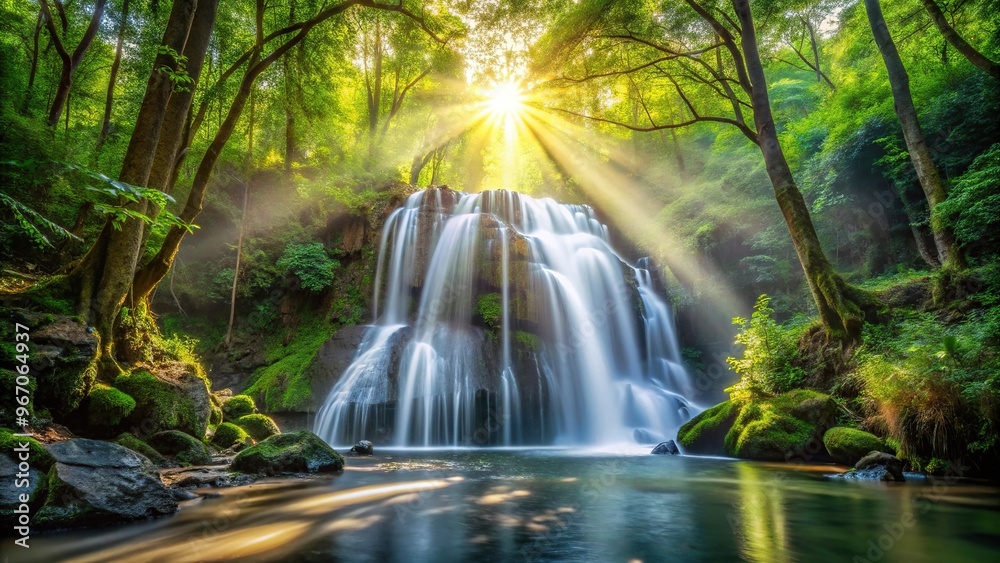 Fototapeta premium Waterfall in dense forest with sunlight filtering through trees