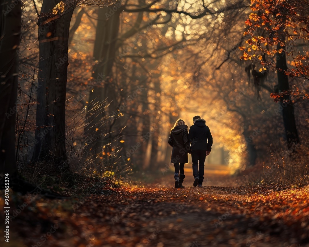 A couple walks hand-in-hand down a forest path, bathed in the warm glow of autumn sunlight. A couple walks hand-in-hand down a forest path, bathed in the warm glow of autumn sunlight.