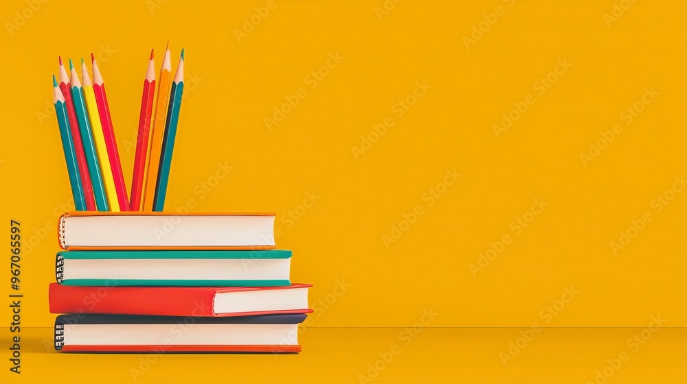A stack of colorful books with a set of vibrant pencils arranged on top, set against a bright yellow background, representing creativity and education. A stack of colorful books with a set of vibrant pencils arranged on top, set against a bright yellow background, representing creativity and education.