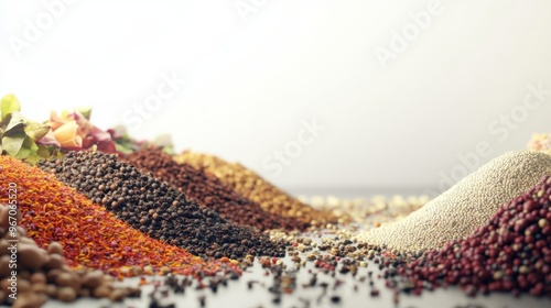 Fototapeta Naklejka Na Ścianę i Meble -  A variety of spices and grains arranged in rows on a white background, showcasing colorful and textured culinary ingredients.
