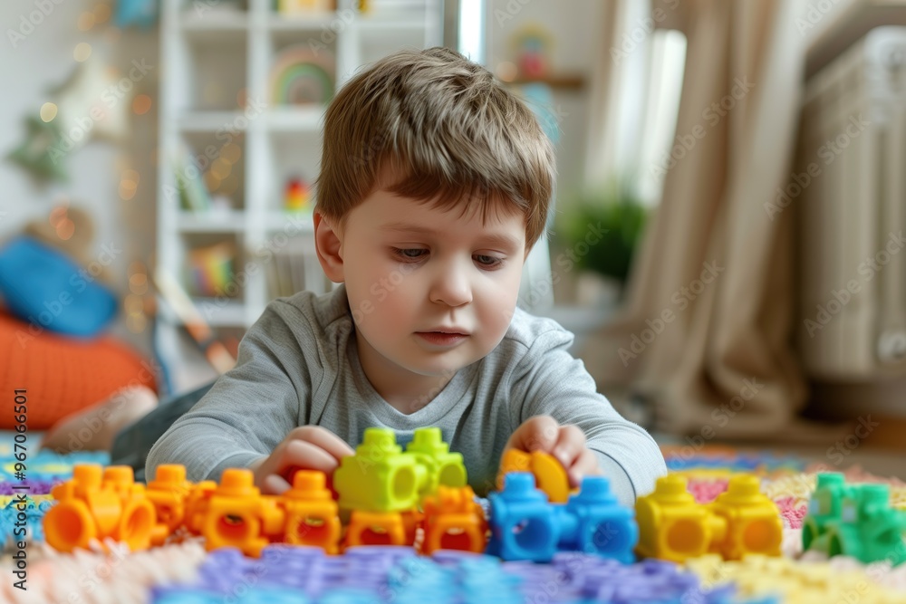 Portrait of a child with autism playing with colorful building blocks, deeply focused and happy Portrait of a child with autism playing with colorful building blocks, deeply focused and happy