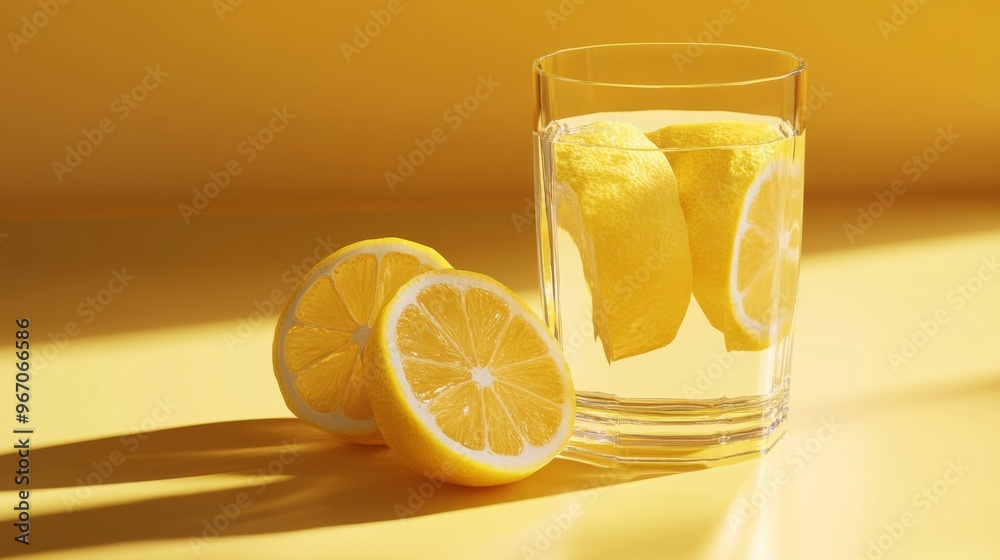 Refreshing lemon water in a clear glass with sliced lemons on a yellow background, highlighting vibrant citrus freshness and hydration concept. Refreshing lemon water in a clear glass with sliced lemons on a yellow background, highlighting vibrant citrus freshness and hydration concept.