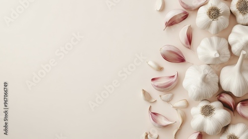 Top view of fresh garlic cloves and bulbs on a light background. Perfect for cooking, food, and health-related content.