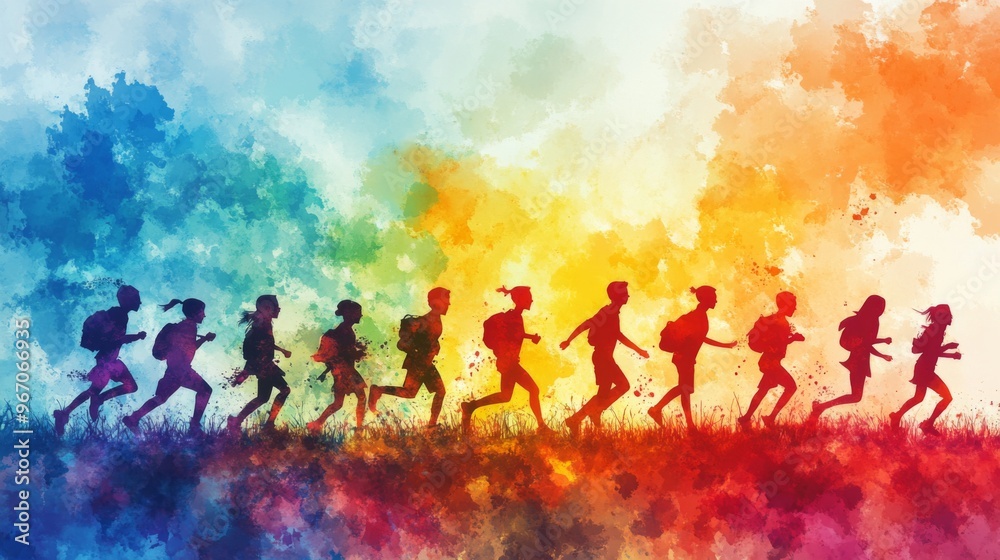 Vibrant watercolor illustration of children running, set against a rainbow background, symbolizing freedom, movement, and childhood joy. Vibrant watercolor illustration of children running, set against a rainbow background, symbolizing freedom, movement, and childhood joy.
