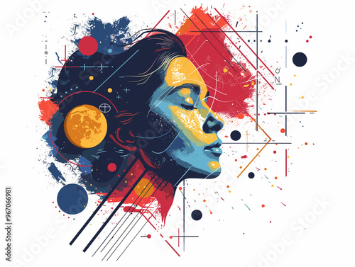 A woman with a face painted in a colorful abstract style. The colors are bright and the brush strokes are bold. The woman's face is the focal point of the image