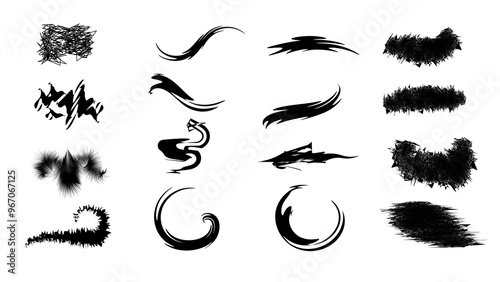 Ink Grungy paint brush strokes.Black ink stencils. Paintbrush, splash, spray, ink splatter and paint marks. Artistic graphic box, black blots, grunge brush strokes and grunge Vector illustration.