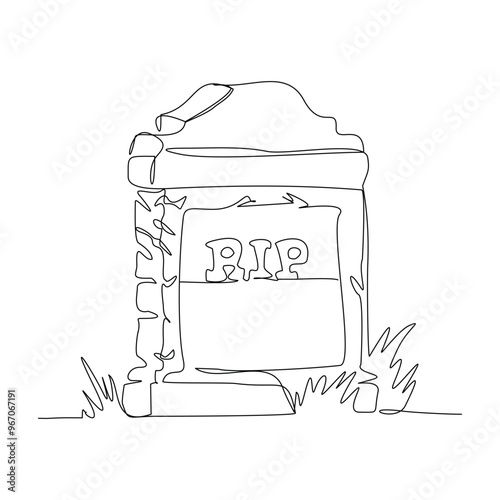 Continuous single line sketch drawing of spooky horror scary gravestone grave cemetery memorialhalloween concept one line art vector illustration
