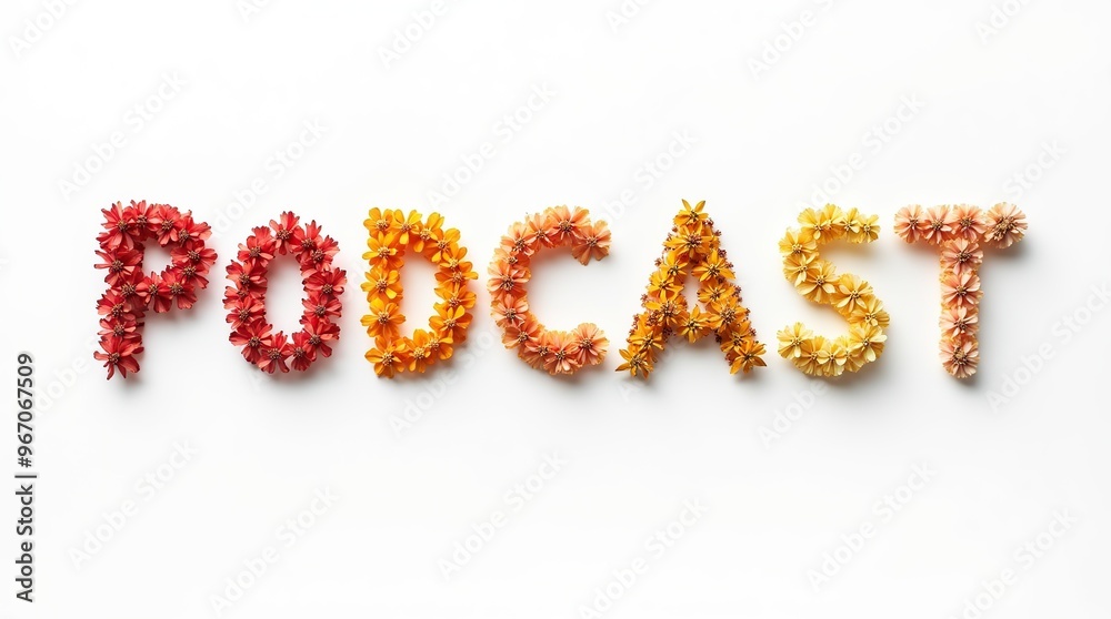 Podcast text made from colorful flowers on white background Podcast text made from colorful flowers on white background