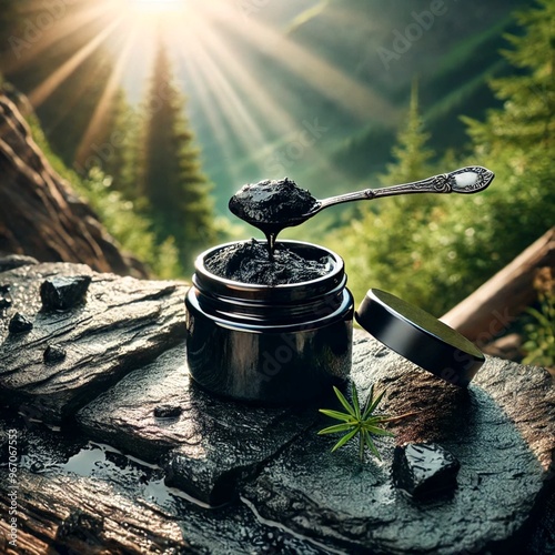 Liquid Shilajit in Black Jar: Sunlit Serenity on Rocky Terrain