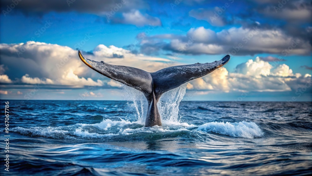 Fototapeta premium Whale tail sticking out of ocean creating forced perspective illusion