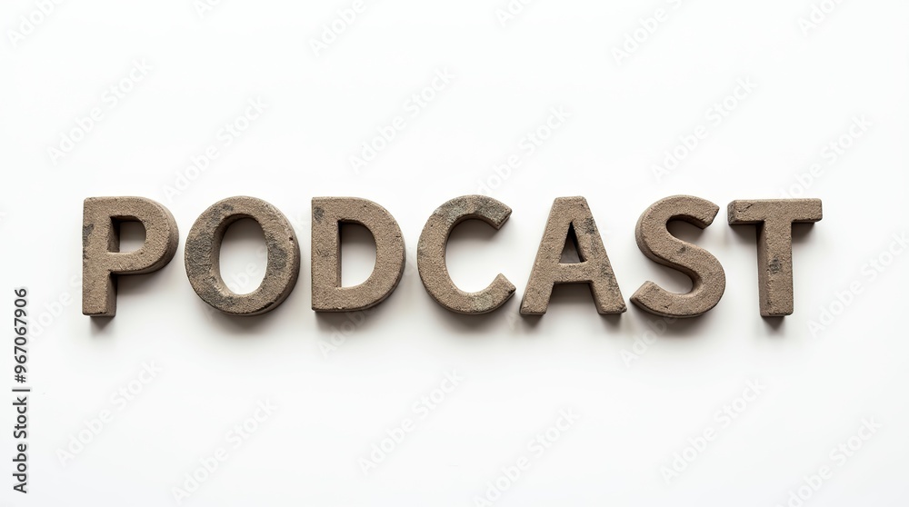 Podcast text made from rock blocks displayed on white background Podcast text made from rock blocks displayed on white background