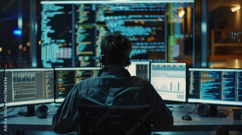 A hacker or programmer working late at night in a dark room, surrounded by multiple monitors displaying lines of code. A hacker or programmer working late at night in a dark room, surrounded by multiple monitors displaying lines of code.