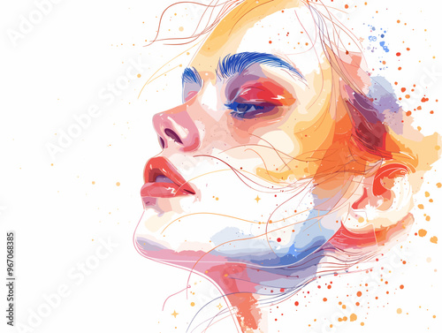 A woman's face is painted with bright colors and has a red lip. The painting is abstract and has a dreamy, whimsical feel to it
