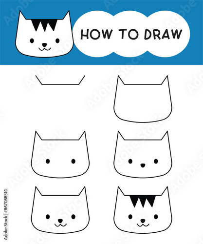 How to draw cat face cartoon step by step for learning, kid, education, coloring book. Vector illustration