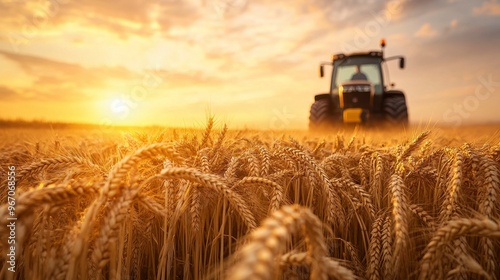 A picturesque sunset over a wheat field with a tractor harvesting crops, showcasing rural agriculture and farm life.