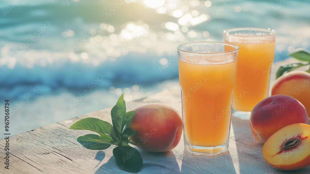 Fototapeta premium fresh peach fruit juice on sea