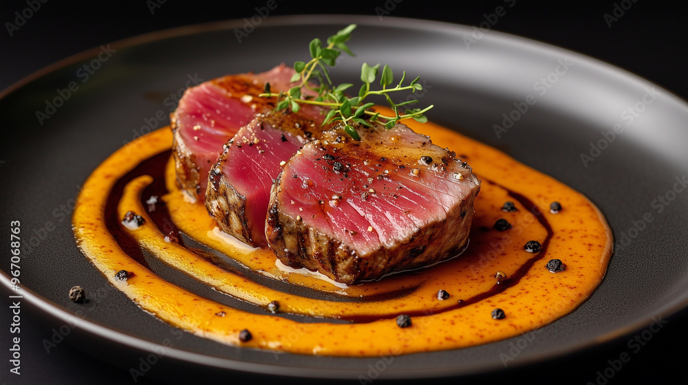 tuna steak on a elegant plate with a swirl of sauce tuna steak on a elegant plate with a swirl of sauce