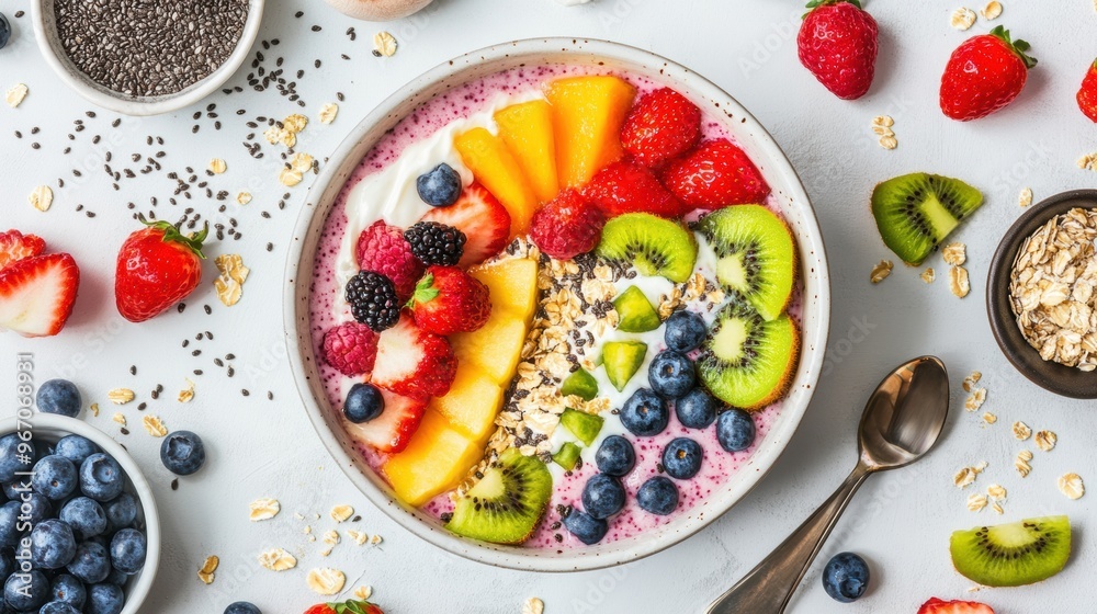 Overhead photo of a healthy breakfast bowl with colorful vegetables, seeds, t, arranged beautifully on a wooden table Overhead photo of a healthy breakfast bowl with colorful vegetables, seeds, t, arranged beautifully on a wooden table