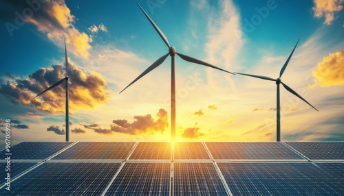 Sustainable Energy Revolution: Wind Turbines and Solar Panels Silhouetted Against Vibrant Sunset Sky. World Environment Day Concept for Renewable Power, Green Technology, and Eco-friendly Future. 4K M