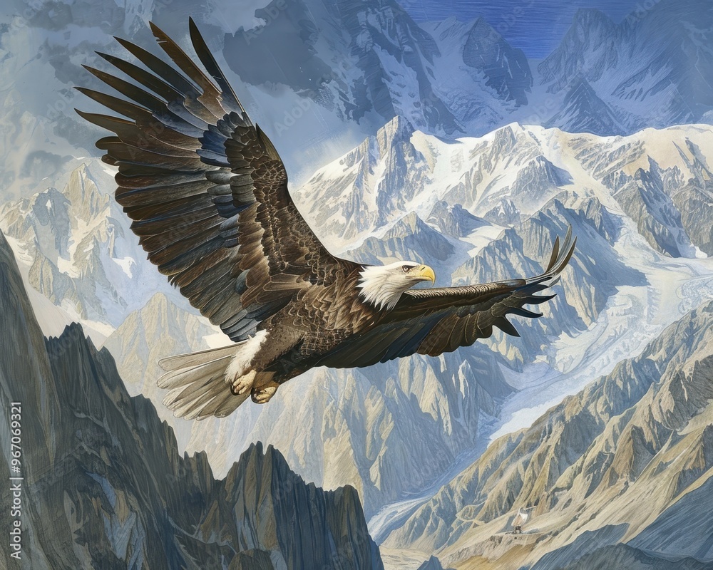 A majestic bald eagle soars through the sky above a snow-capped mountain range. A majestic bald eagle soars through the sky above a snow-capped mountain range.