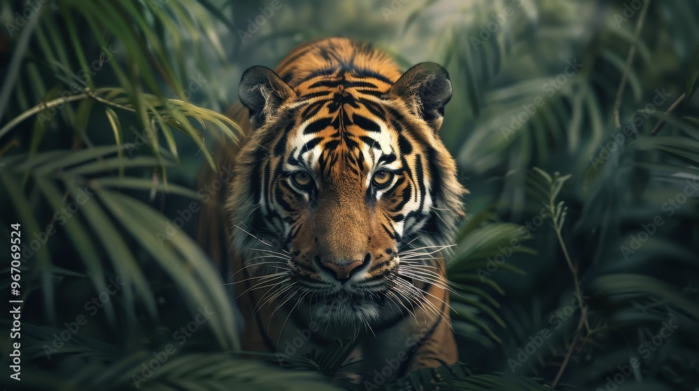 A majestic tiger emerges from the lush green foliage, its gaze fixed on the camera. A majestic tiger emerges from the lush green foliage, its gaze fixed on the camera.