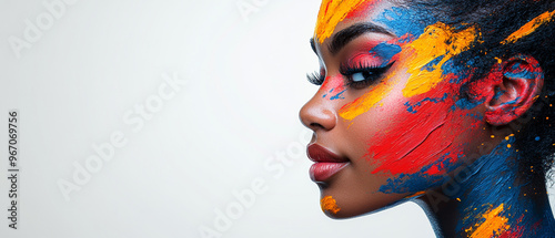 A profile view of a woman with vibrant face paint, showcasing bold colors of red, blue, and yellow on her skin. photo