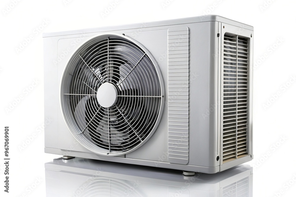 White air conditioner unit with black fan blades in forced perspective White air conditioner unit with black fan blades in forced perspective