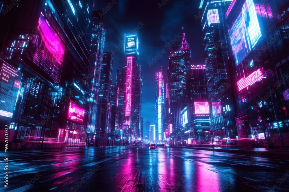 Obraz premium An ultra-modern city features glowing holographic billboards and automated drones navigating bustling streets
