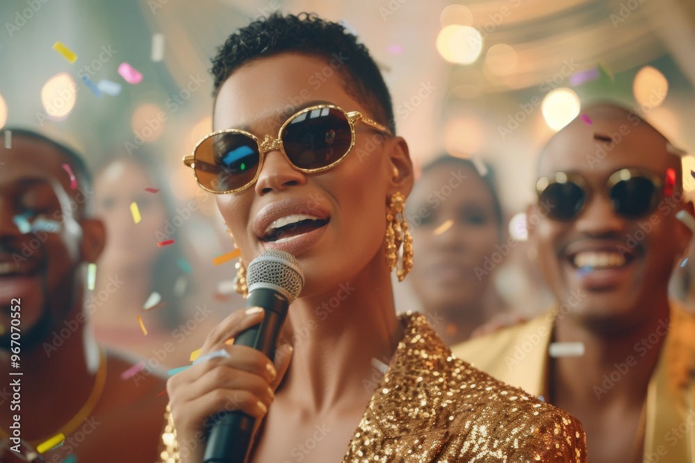 Glamorous African-American Woman Singing at a Sparkling Party Event Glamorous African-American Woman Singing at a Sparkling Party Event