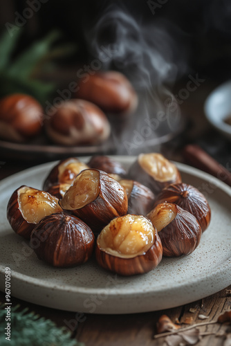 roastet chestnuts on a modern stone plate photo