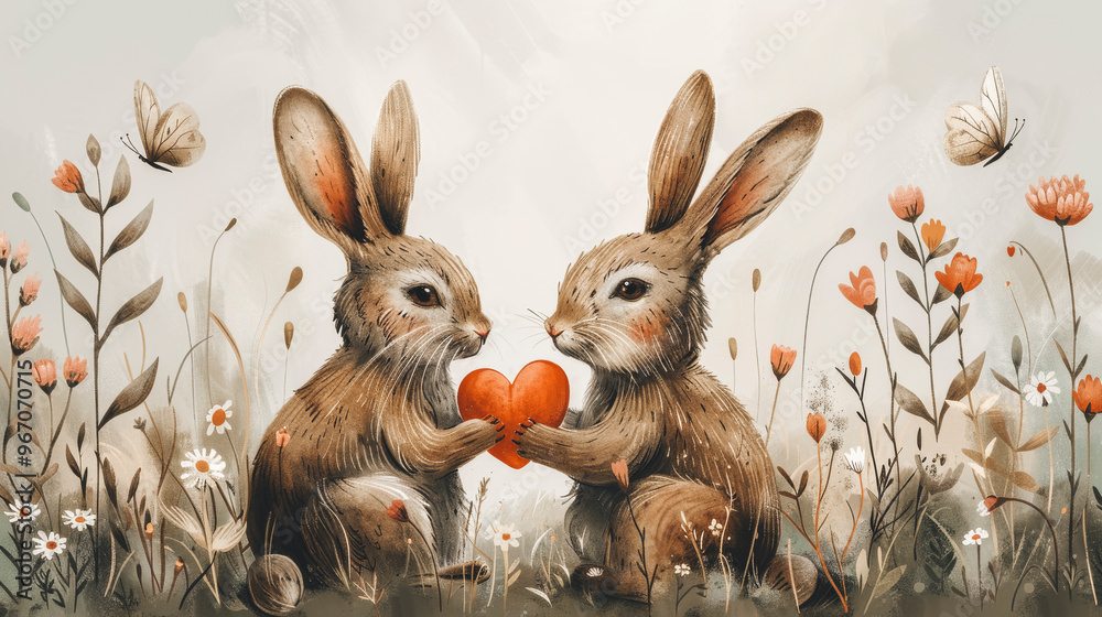 Fototapeta premium Whimsical Rabbits Sharing Love with a Heart in a Dreamy Meadow