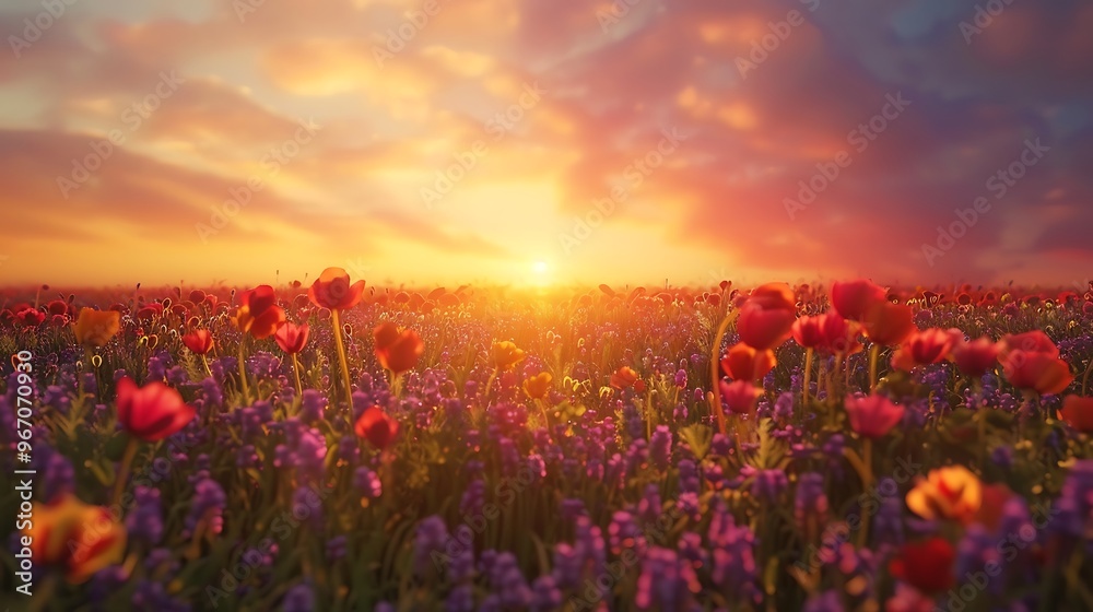 Fototapeta premium Flower field bathed in the golden glow of a sunset. The vibrant red flowers stand out against the soft, warm light. The sky is ablaze with colors, adding to the overall beauty of the scene.