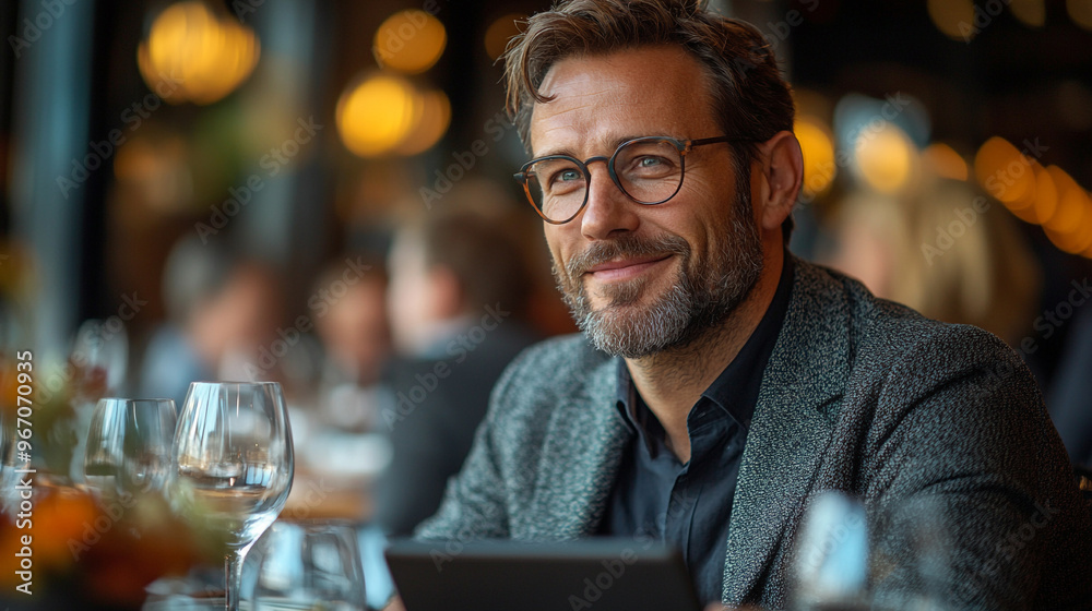 A sophisticated man enjoys a stylish dining experience, exuding joy and confidence in a warm, inviting restaurant atmosphere. A sophisticated man enjoys a stylish dining experience, exuding joy and confidence in a warm, inviting restaurant atmosphere.